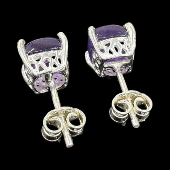 Natural Purple Amethyst Cabochon Stud Earrings 925 Sterling Silver Handmade - Picture 5 of 5